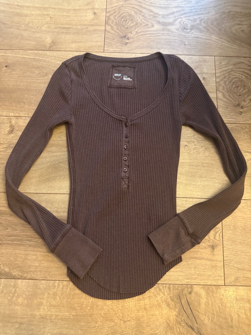 aerie Brown Ribbed Long-Sleeve Henley Top